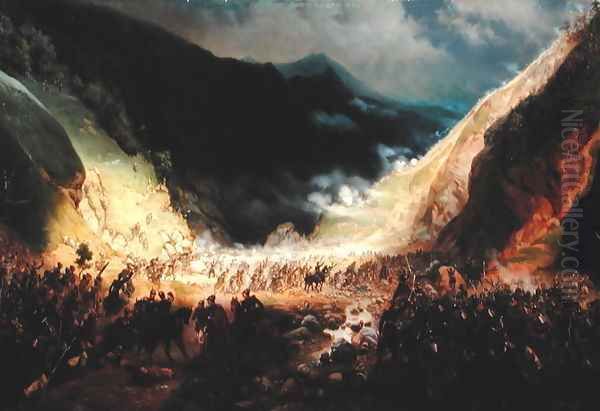 Battle at the Rotenturm canyon, 1871 Oil Painting by Bogdan Willewalde