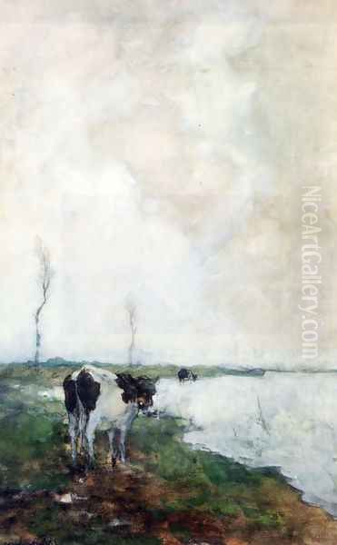 A Cow Standing By The Waterside In A Polder Oil Painting by Jan Hendrik Weissenbruch