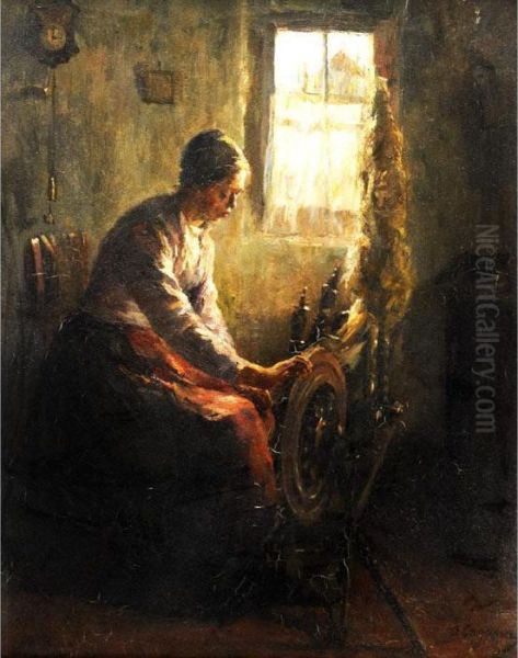 Woman Spinning Wool By A Window Oil Painting by Baruch Lopez De Leao Laguna