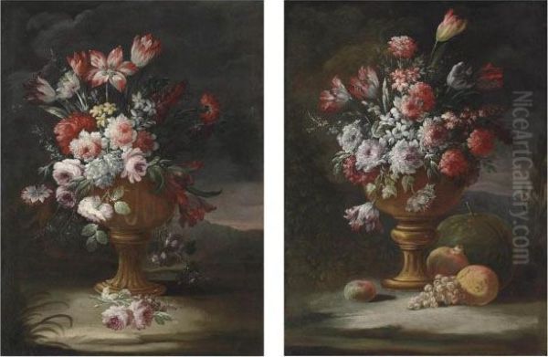 Peonies, Tulips And Other 
Flowers In An Urn With Grapes, Pomegranates And Other Fruit In A Wooded 
Landscape; And Roses, Peonies, Tulips And Other Flowers In An Urn In A 
Wooded Landscape Oil Painting by Gasparo Lopez