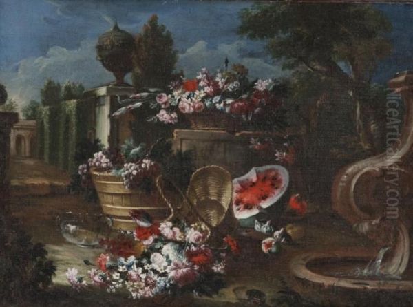 Ceste Con Fiori, Un Tino Con 
L'uva, Fichi E Anguria Presso Una Fontana In Un Giardino Con Un Vaso Di 
Terracotta Su Una Balaustra Oil Painting by Gasparo Lopez