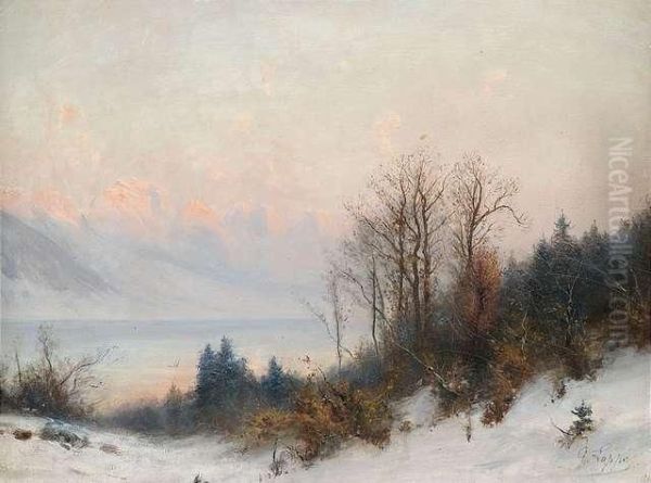 Abendliche Winterlandschaft An Einem See, Im Hintergrund Alpengluhen Oil Painting by Gabriel Loppe