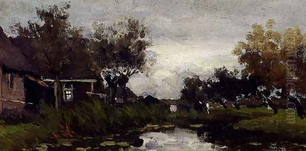 Farmhouses On The Waterfront Oil Painting by Jan Hendrik Weissenbruch