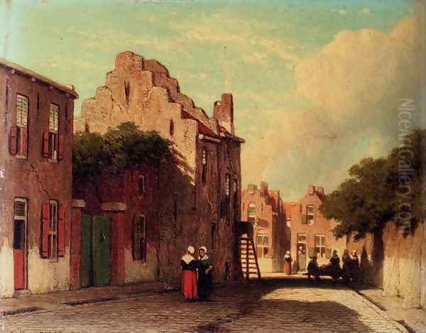 A Sunlit Townview With Figures Conversing Oil Painting by Jan Hendrik Weissenbruch