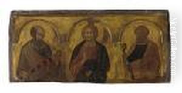 Christ Between Saints Paul And Peter Oil Painting by Pietro Lorenzetti