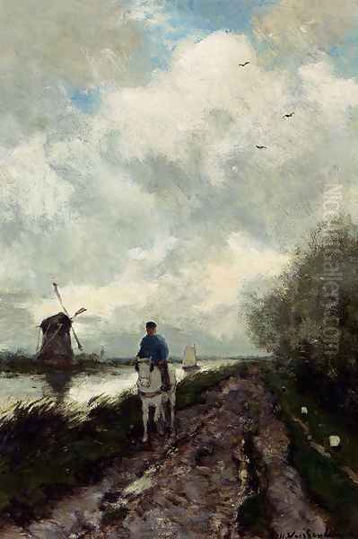 On The Tow Path Along The River Amstel Oil Painting by Jan Hendrik Weissenbruch