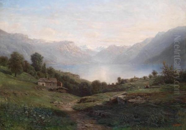 View Of Lake Thun Oil Painting by Leberecht Lortet