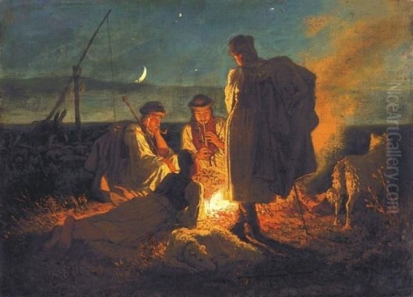 Campfire Oil Painting by Karoly Lotz