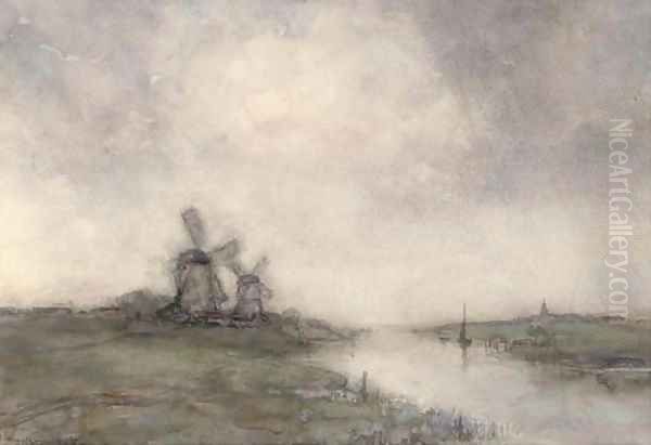 Polder landscape with windmills Oil Painting by Jan Hendrik Weissenbruch