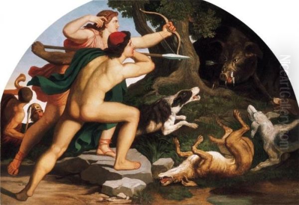 Apollo And Diana On Hunting Oil Painting by Karoly Lotz