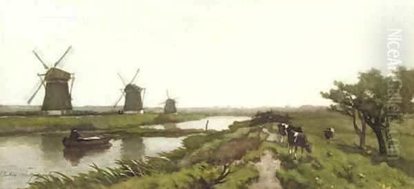 Windmills in a polder landscape Oil Painting by Jan Hendrik Weissenbruch