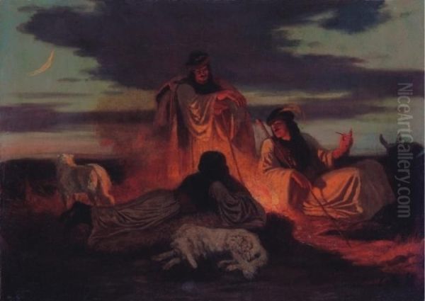 Shepherds By The Fire Oil Painting by Karoly Lotz