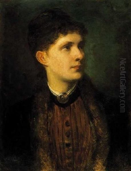 Lady In A Fur - Collared Collar Oil Painting by Karoly Lotz