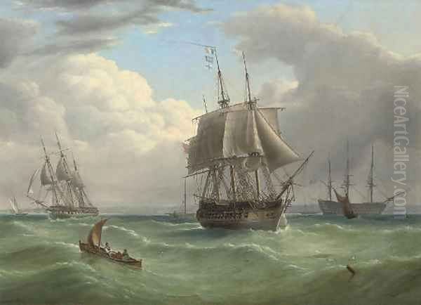 Two large frigates running into Spithead with a flagship of the Blue anchored beyond Oil Painting by Joseph Walter