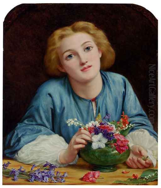 A Young Girl Arranging A Bouquet Oil Painting by Henry Wallis