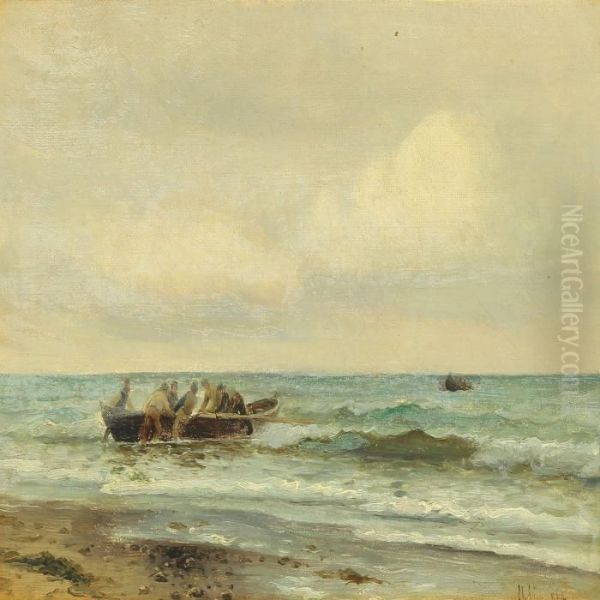 Fishemen Going Out At Sea Oil Painting by Holger Peter Svane Lubbers