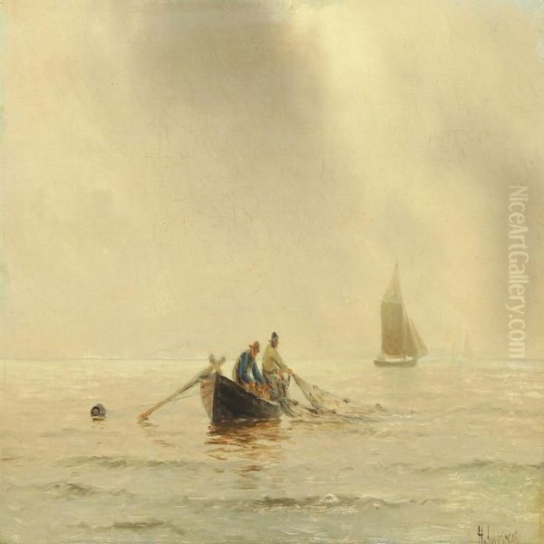 Fishermen Pulling In The Net Oil Painting by Holger Peter Svane Lubbers