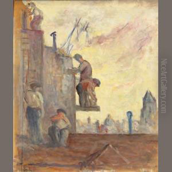 Sur Les Toits (bricklayers) Oil Painting by Maximilien Luce