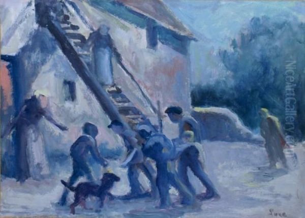 Scene Animee Devant La Ferme Oil Painting by Maximilien Luce