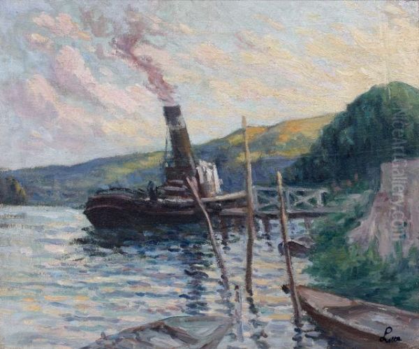 Rolleboise, Le Remorqueur Amarre Oil Painting by Maximilien Luce