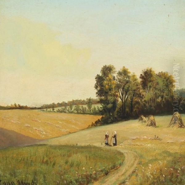 Landscape With Two Women In A Field Oil Painting by Carl Ove Julian Lund