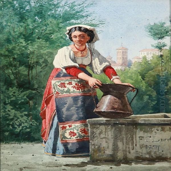 An Italian Women At The Well Oil Painting by Frederick Christian Lund