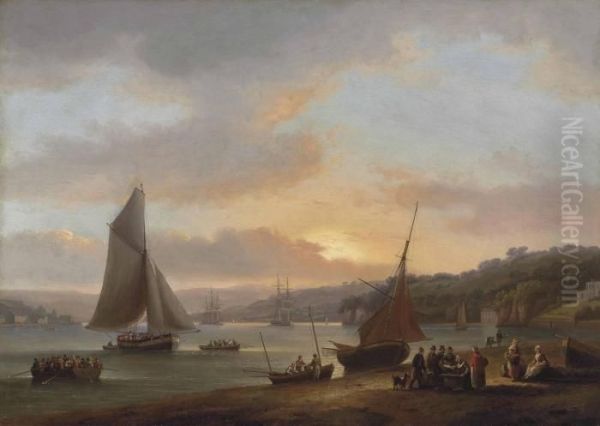 Shipping On The River Dart At Dittisham, Devonshire Oil Painting by Thomas Luny