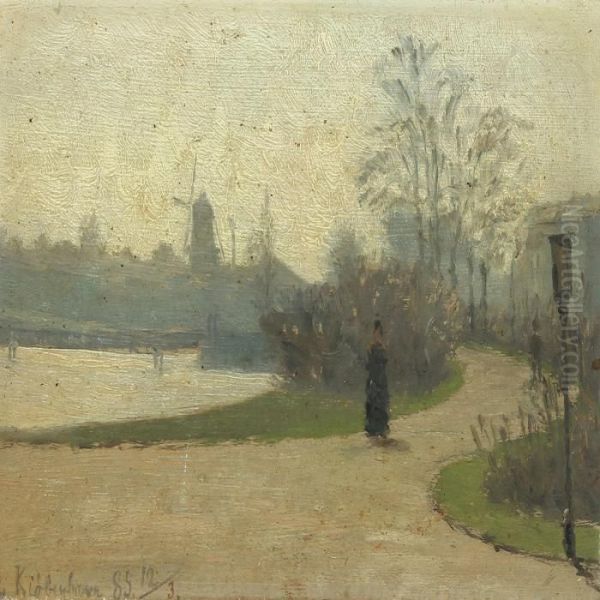 Scenery From Oerstedparken With Walking People Oil Painting by Marie Luplau