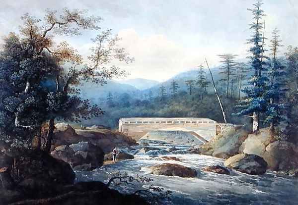 Covered Bridge across the Sacandaga River, Hadley, NY, c.1820 Oil Painting by William Guy Wall