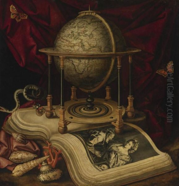 Vanitas Still Life With A Terrestrial Globe, A Book, Shells, A Snake And Butterflies Oil Painting by Carstiaen Luyckx