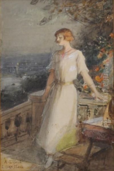 Jeune Femme Sur Un Balcon, La Nuit Oil Painting by Albert Lynch