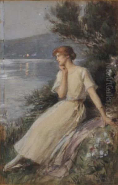 Jeune Femme Pensive Au Bord De L'eau Oil Painting by Albert Lynch