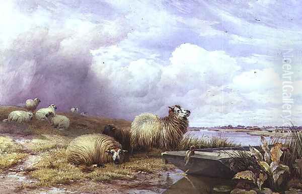 A Landscape with Sheep and boat, 1866 Oil Painting by Thomas Francis Wainewright