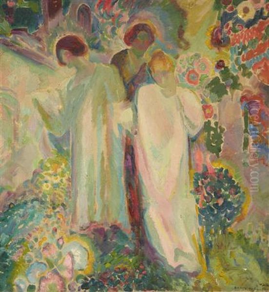 Three Women In A Garden Oil Painting by Henry Bainbridge Maccarter