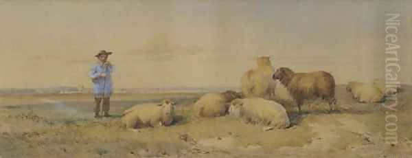 A young shepherd boy with his flock at Barking, Essex (illustrated) Oil Painting by Thomas Francis Wainewright