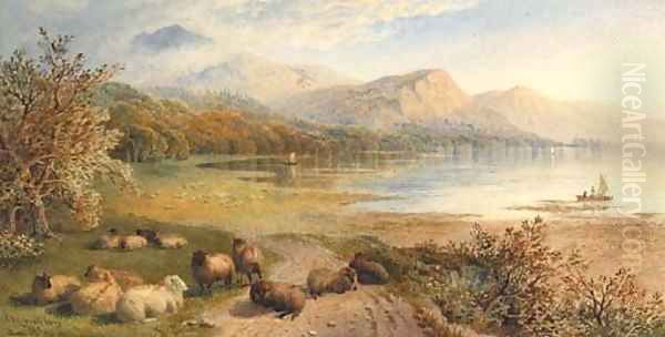 Sheep resting beside a Lake in a mountainous Landscape Oil Painting by Thomas Francis Wainewright