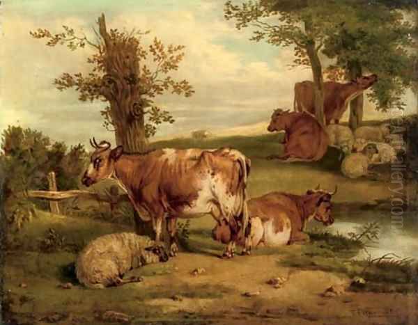 Cattle and sheep resting Oil Painting by Thomas Francis Wainewright