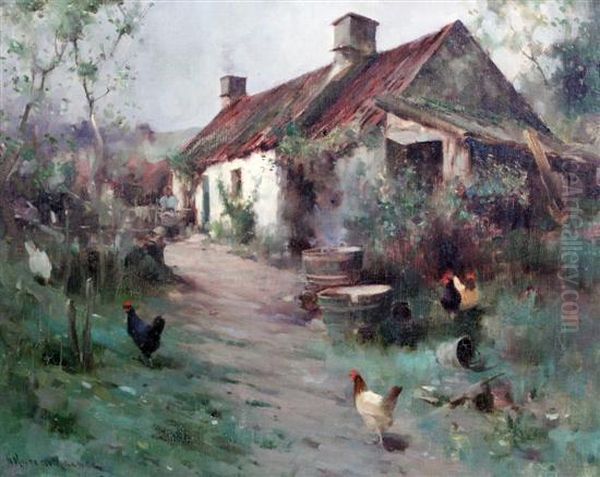 Figure And Chickens Beside A Cottage Oil Painting by Robert Russell Macnee