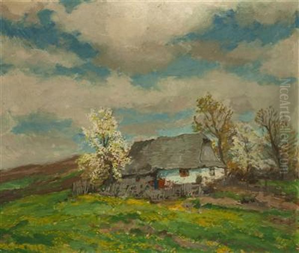 A Summer Landscape With A Cottage Oil Painting by Gustav Macoun