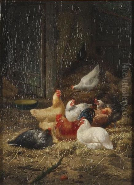 Barnyard With Chickens Oil Painting by Eugene Remy Maes