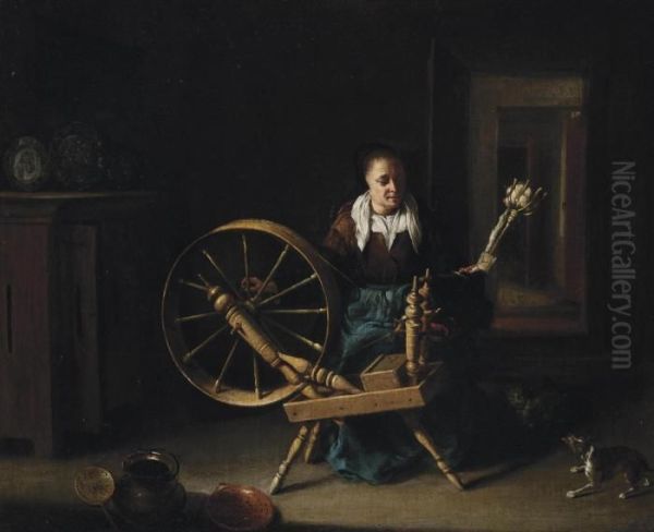 An Old Woman Spinning Wool In An Interior Oil Painting by Nicolaes Maes