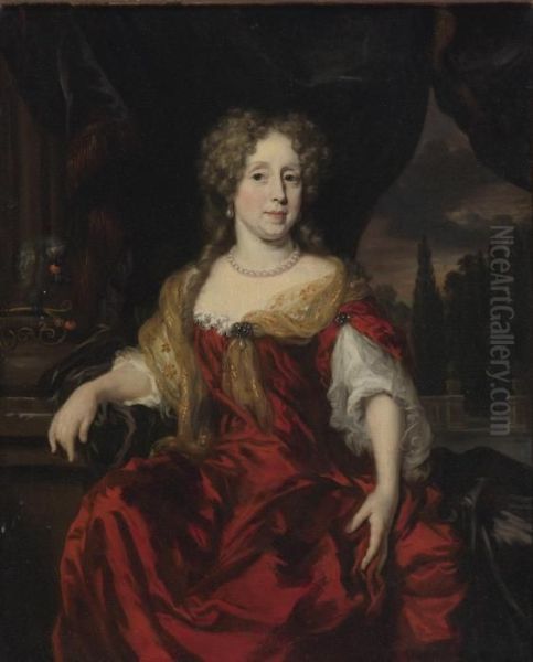 Portrait Of A Lady Wearing A Red Dress Oil Painting by Nicolaes Maes