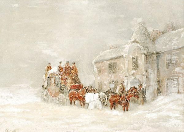 Coaching Scene In The Snow Outside An Inn Oil Painting by John Charles Maggs