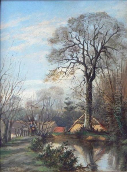 Vue De Ferme Entouree D'etangs Oil Painting by Camille Magnus