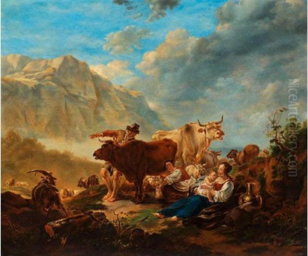 Kuhhirtenfamilie Im Hochgebirge Oil Painting by Edmund Mahlknecht