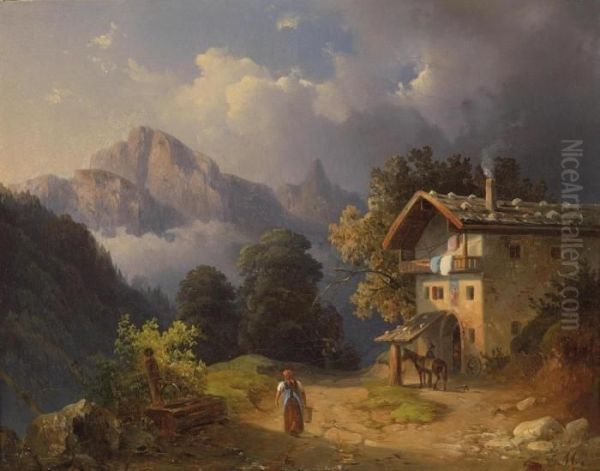 Mountain Scene With Approaching Storm Oil Painting by Edmund Mahlknecht