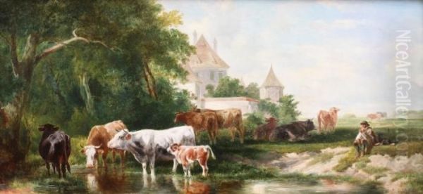 At A Watering Place Oil Painting by Edmund Mahlknecht