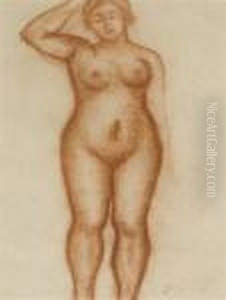 Femme Nue Debout En Face, Un Bras Leve Oil Painting by Aristide Maillol