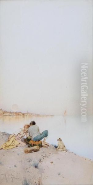 Children Resting Beside The Lagoon, Venice Oil Painting by Raffaele Mainella