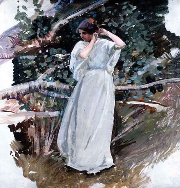 Young woman in a long white dress Oil Painting by Harry Watson